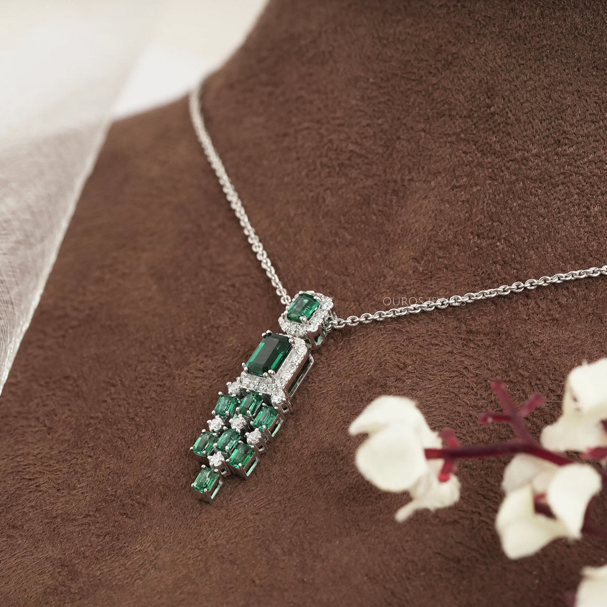 Green Emerald Gemstone Halo Chandelier Pendant Necklaces