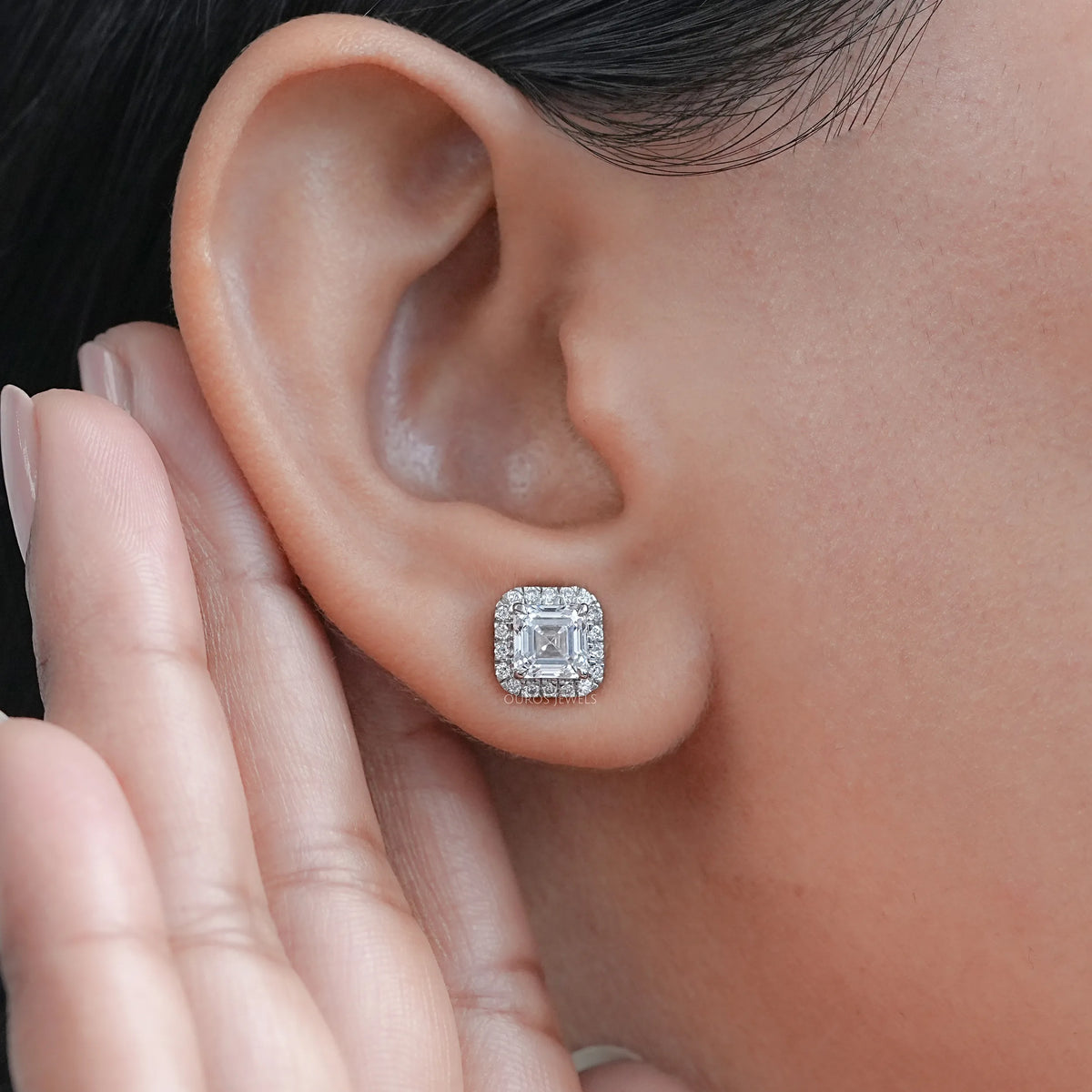 Asscher Lab Diamond Halo Stud Earrings Earring