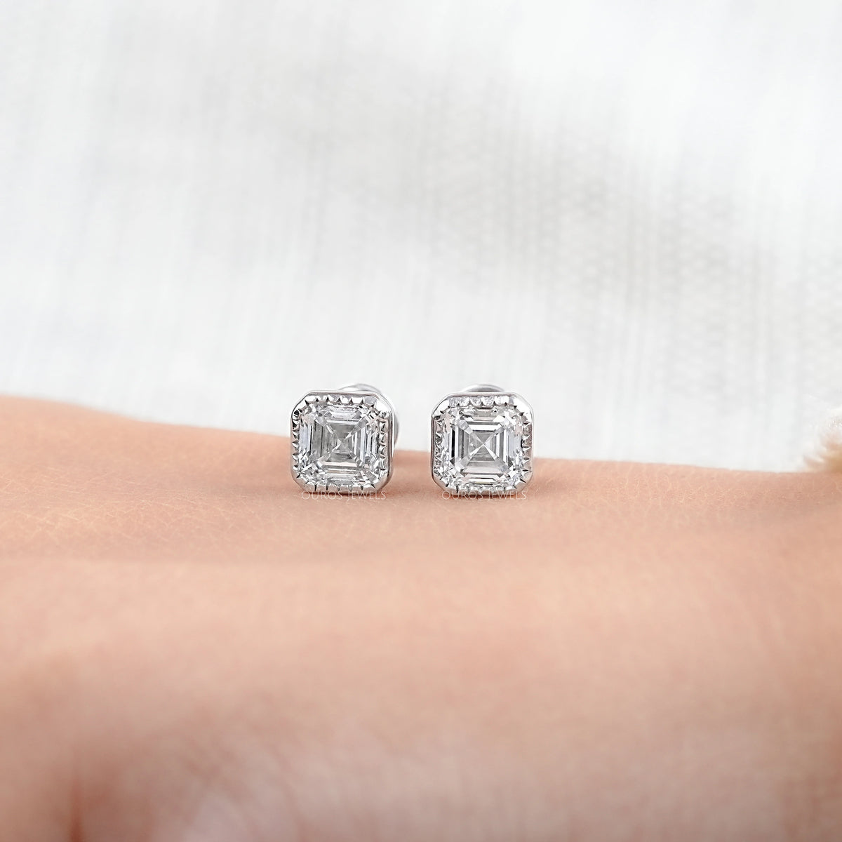 Milgrain Set Asscher Lab Diamond Stud Earrings Earrings