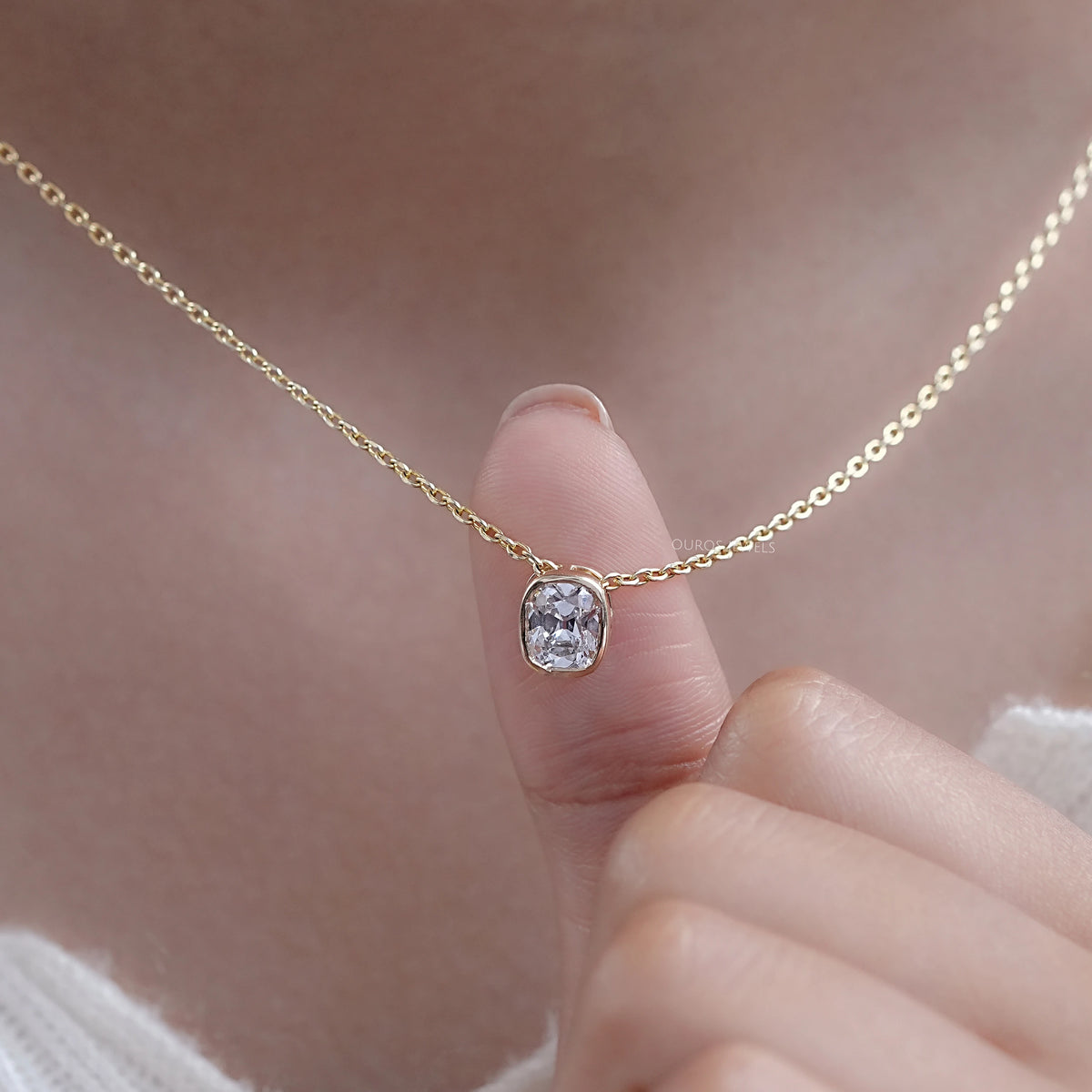 Old Mine Cushion Lab Diamond Bezel Set Pendant Necklaces