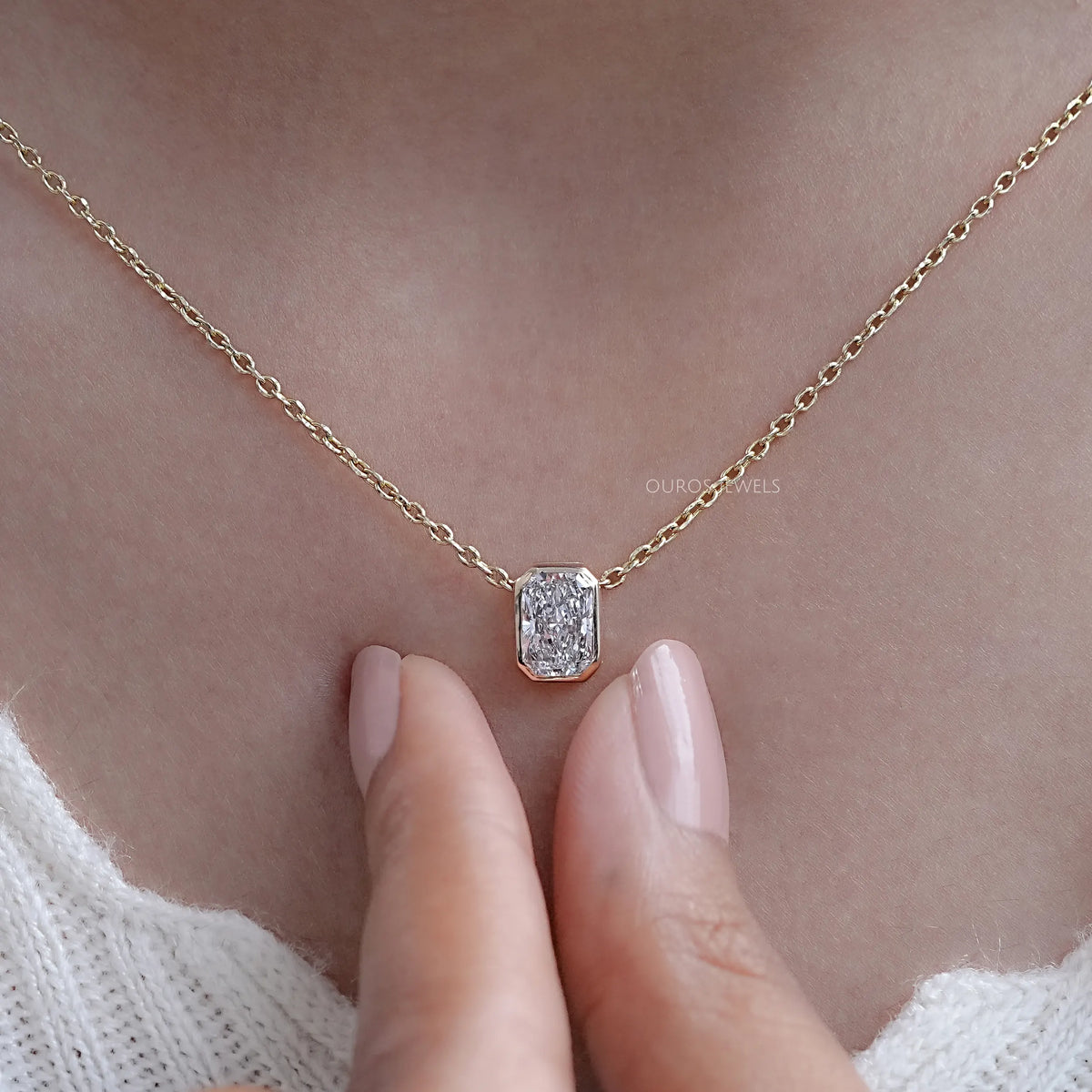 Bezel Radiant Lab Grown Diamond Solitaire Pendant Necklaces