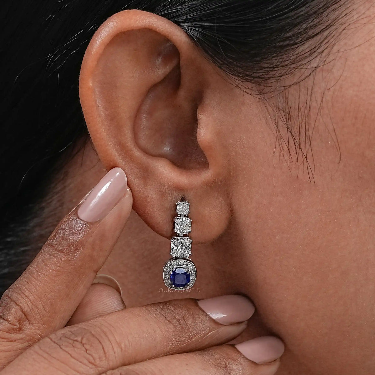 Sapphire Cushion Gemstone And Lab Diamond Dangle Earrings