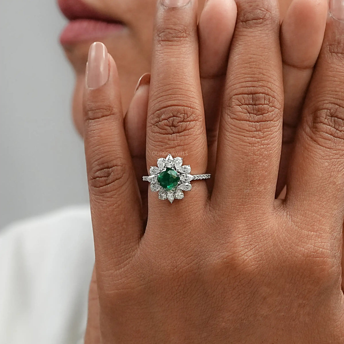 Green Cushion And Lab Diamond Halo Ring