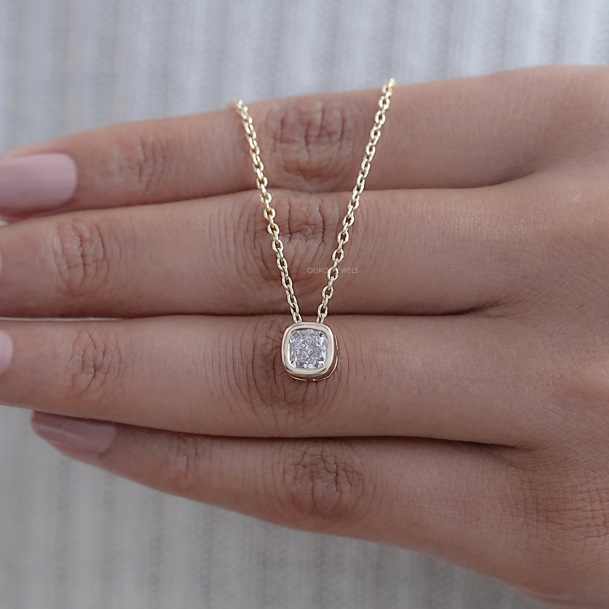Square Cushion Diamond Bezel Set Solitaire Pendant Necklaces
