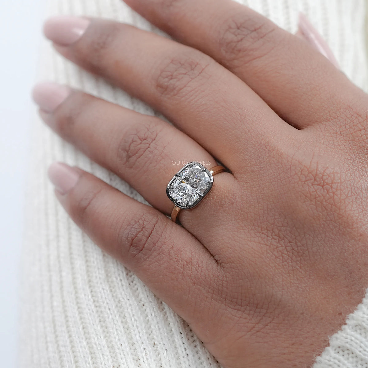 East West Cushion Diamond Black Coating Solitaire Ring
