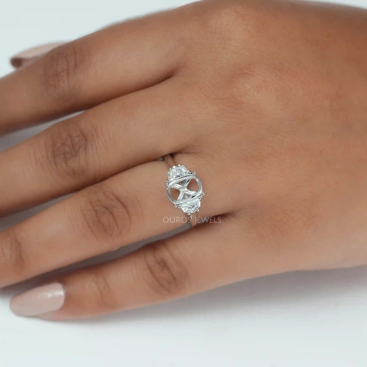 Oval Shape Pointed Half Moon Cut Lab Diamond Semi Mount Ring