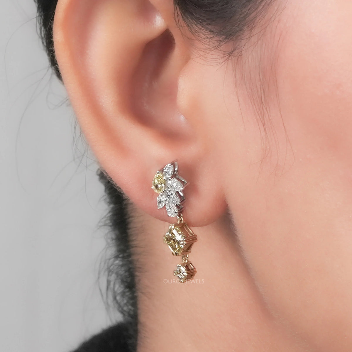 Yellow Asscher And Pear Lab Diamond Drop Earrings Earrings