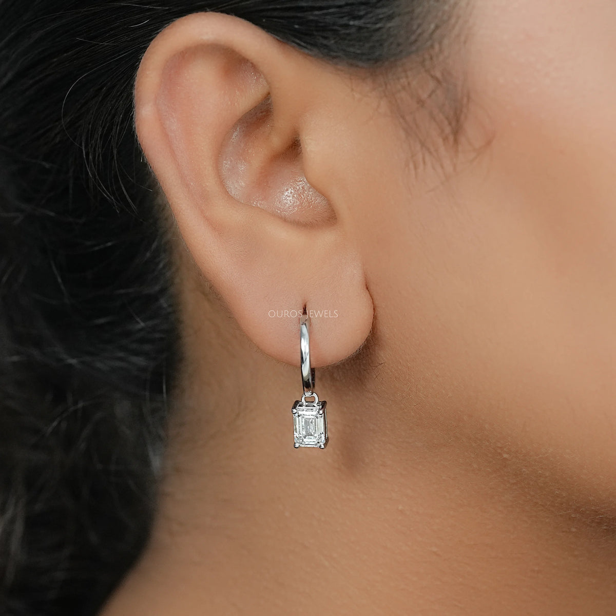Emerald Lab Diamond Dangle Hoop Earrings Earrings