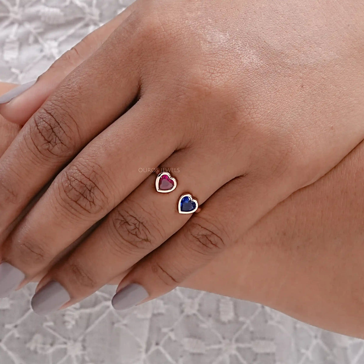 Sapphire And Ruby With Heart Open Cuff Ring Rings