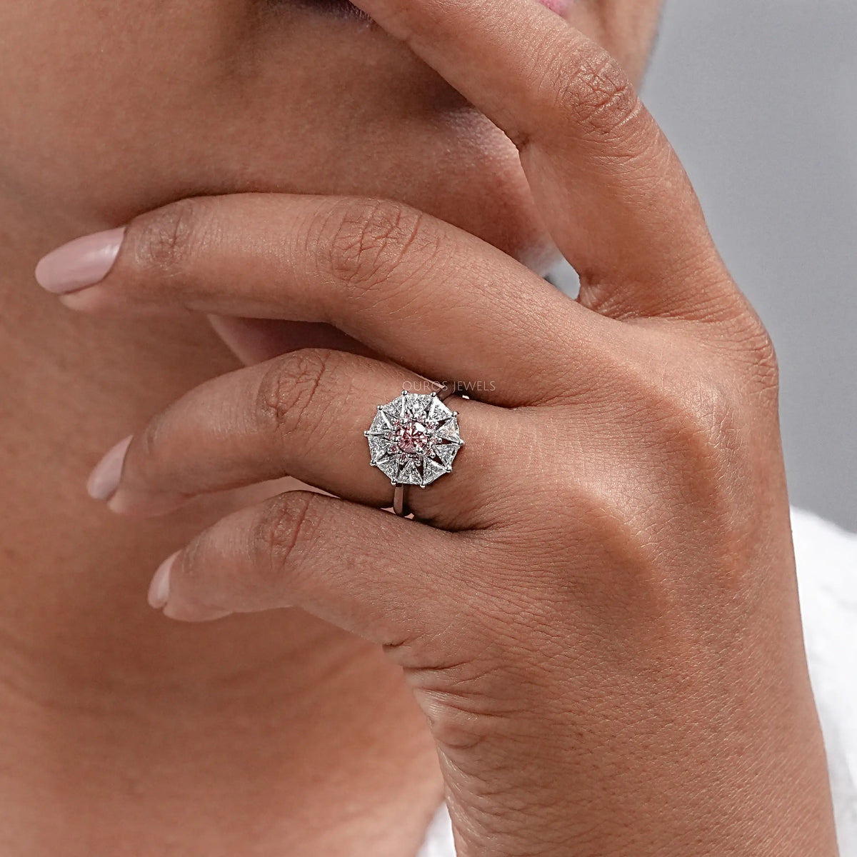 Pink Round Cut Halo Triangle Engagement Ring Rings