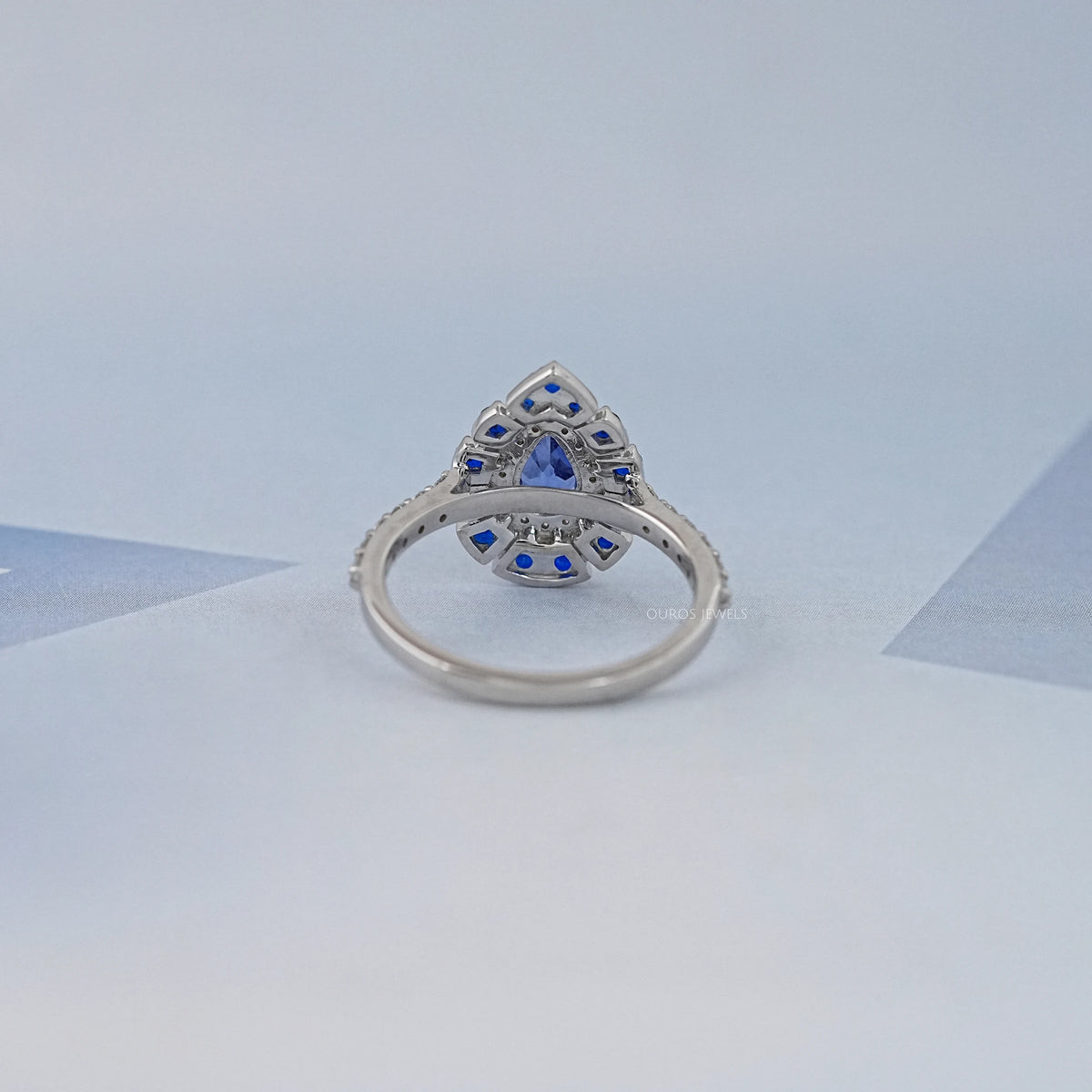 Blue Pear And Round Cut Double Halo Solitaire Accent Ring