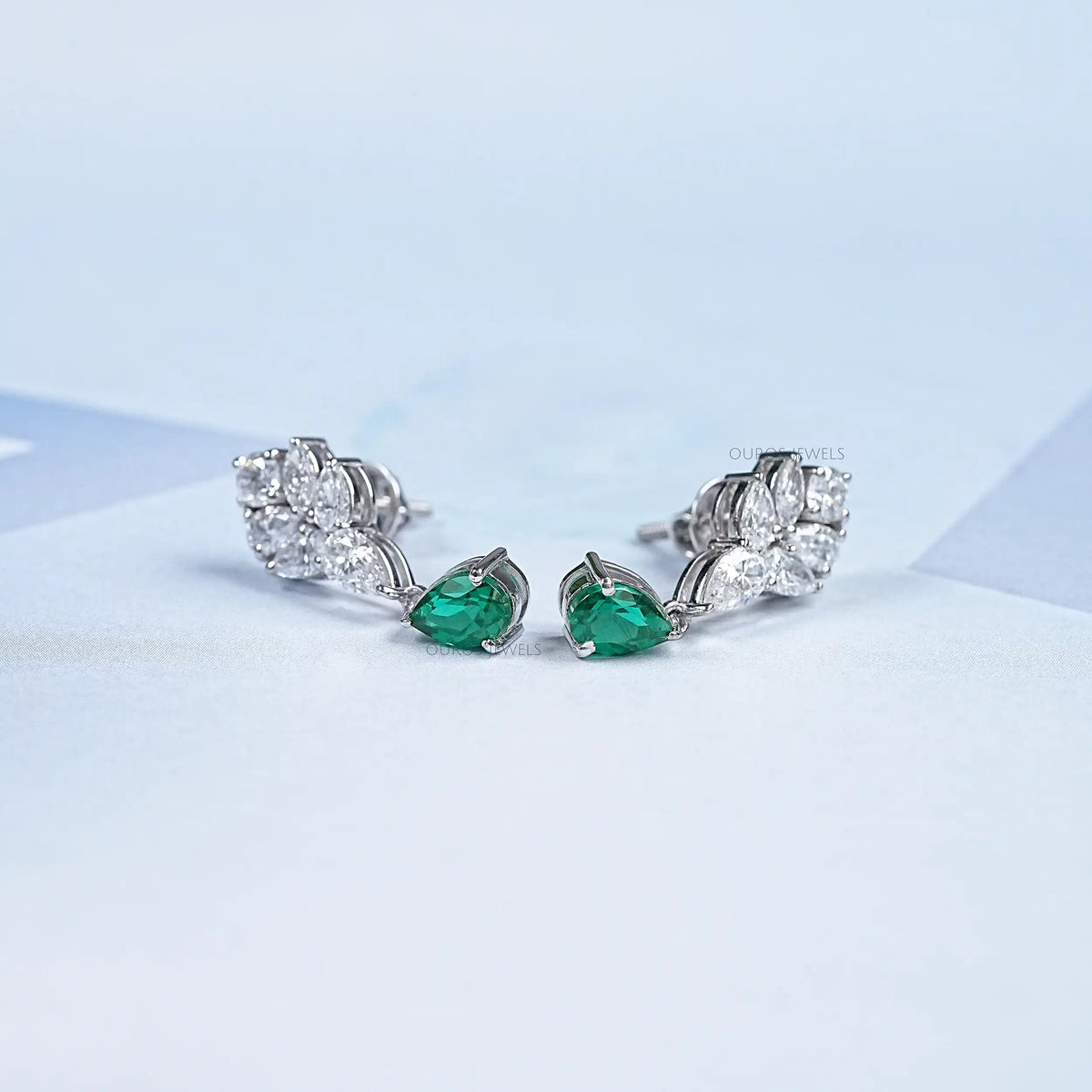 Green Emerald And Pear Diamond Cluster Earrings