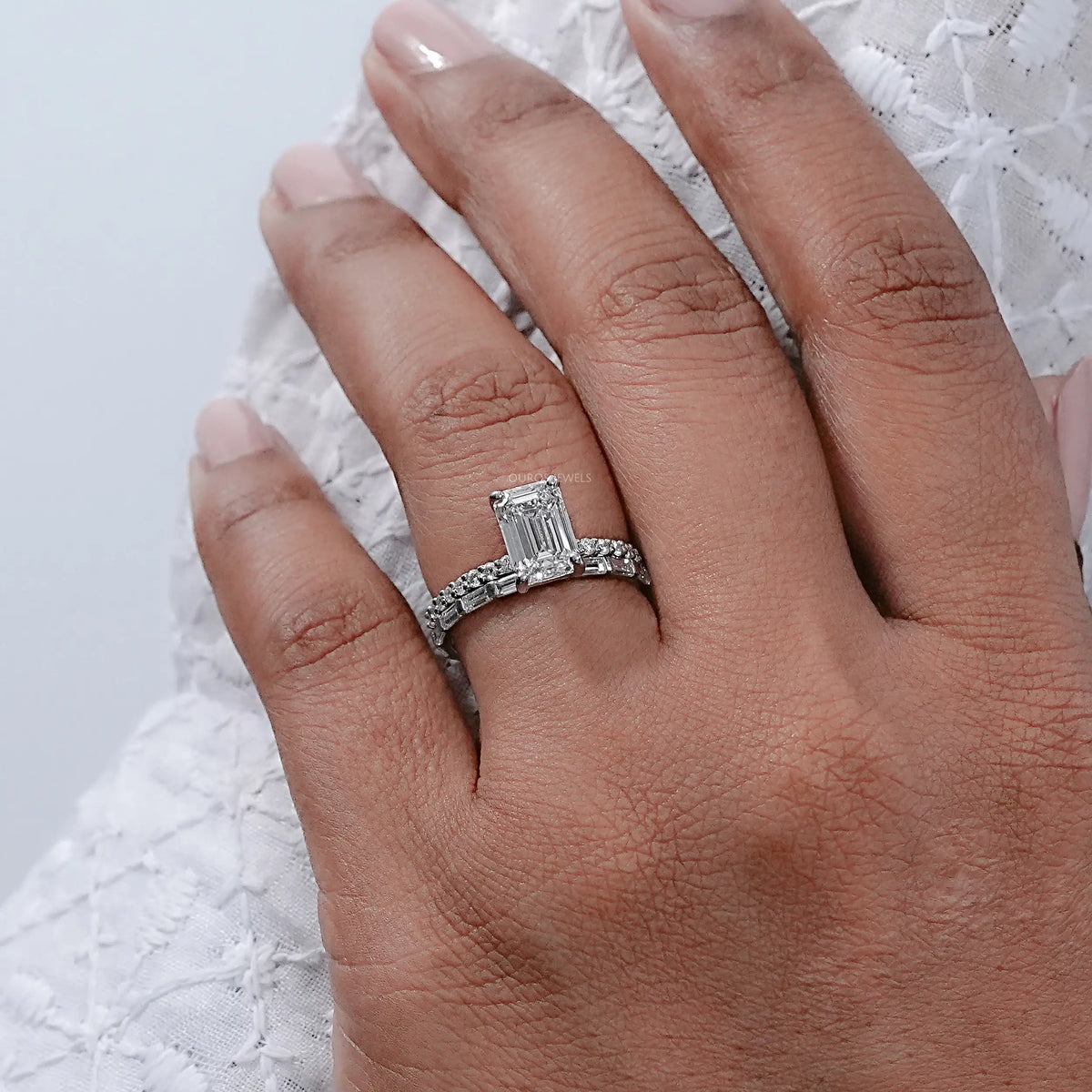 Emerald Lab Diamond Solitaire Accent Wedding Ring Set Rings