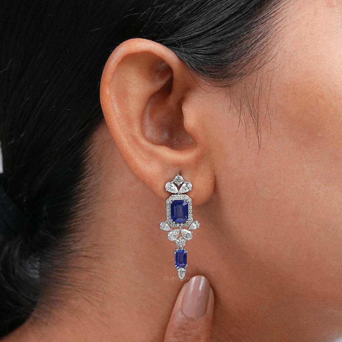 Sapphire Emerald Gemstone And Lab Diamond Drop Earrings