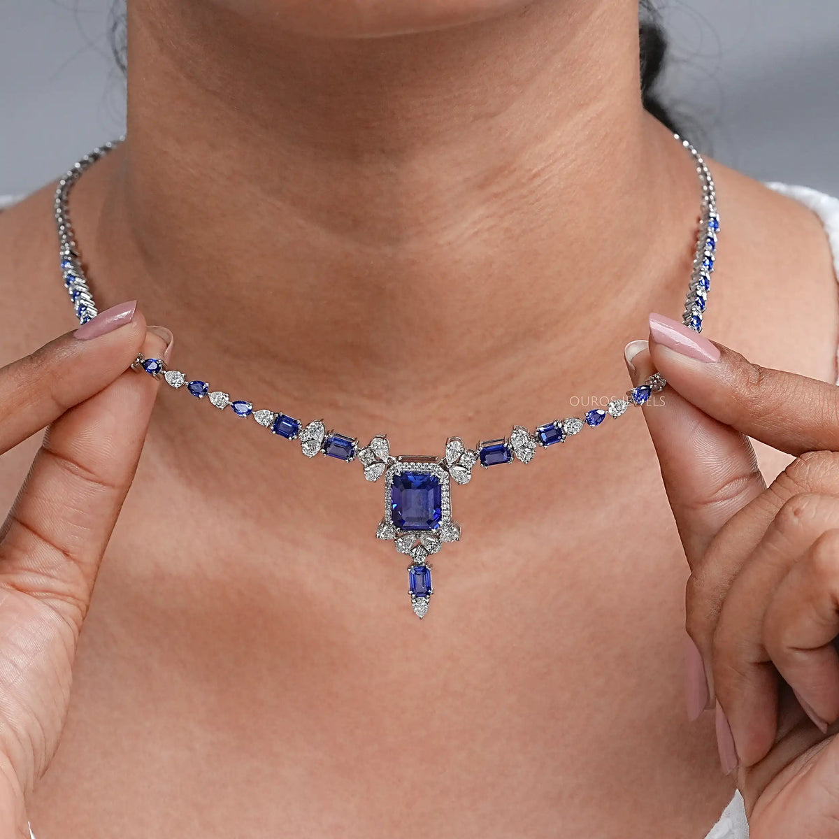 Sapphire Emerald And Pear Diamond Necklace