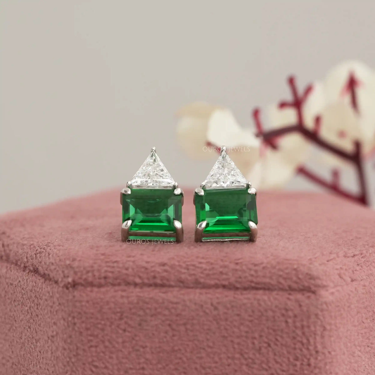 Emerald Green Gemstone and Triangle Diamond Stud Earrings Earring