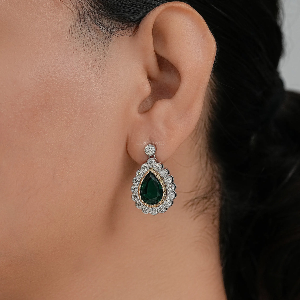 Green Pear Gemstone And Lab Diamond Halo Drop Earrings Earrings