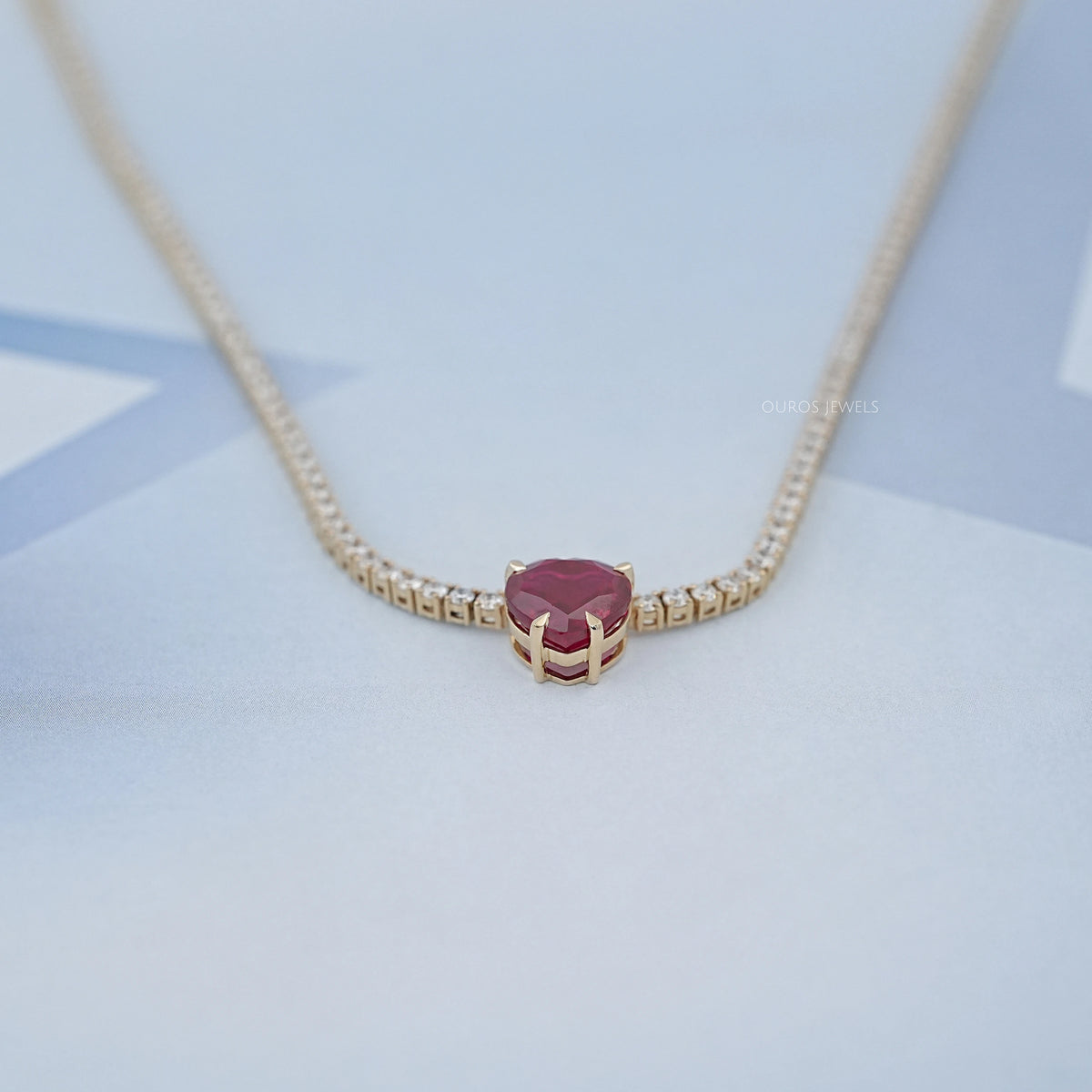 Ruby Heart And Round Diamond Tennis Necklace Necklaces