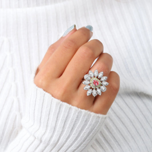 Floral Vintage Pink Heart Cut Diamond Engagement Ring