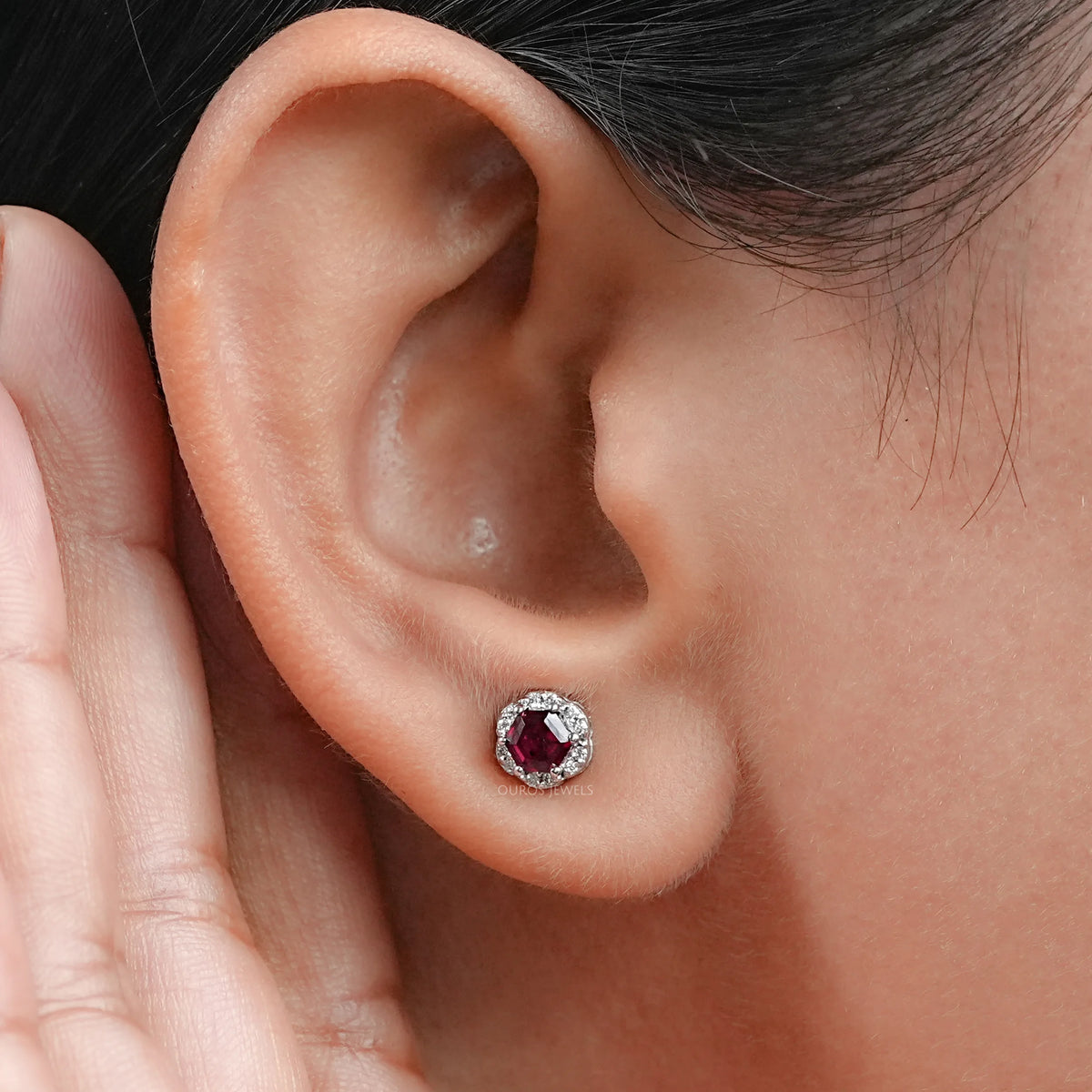 Hexagon Cut Red Ruby Gemstone Halo Stud Earrings Earring
