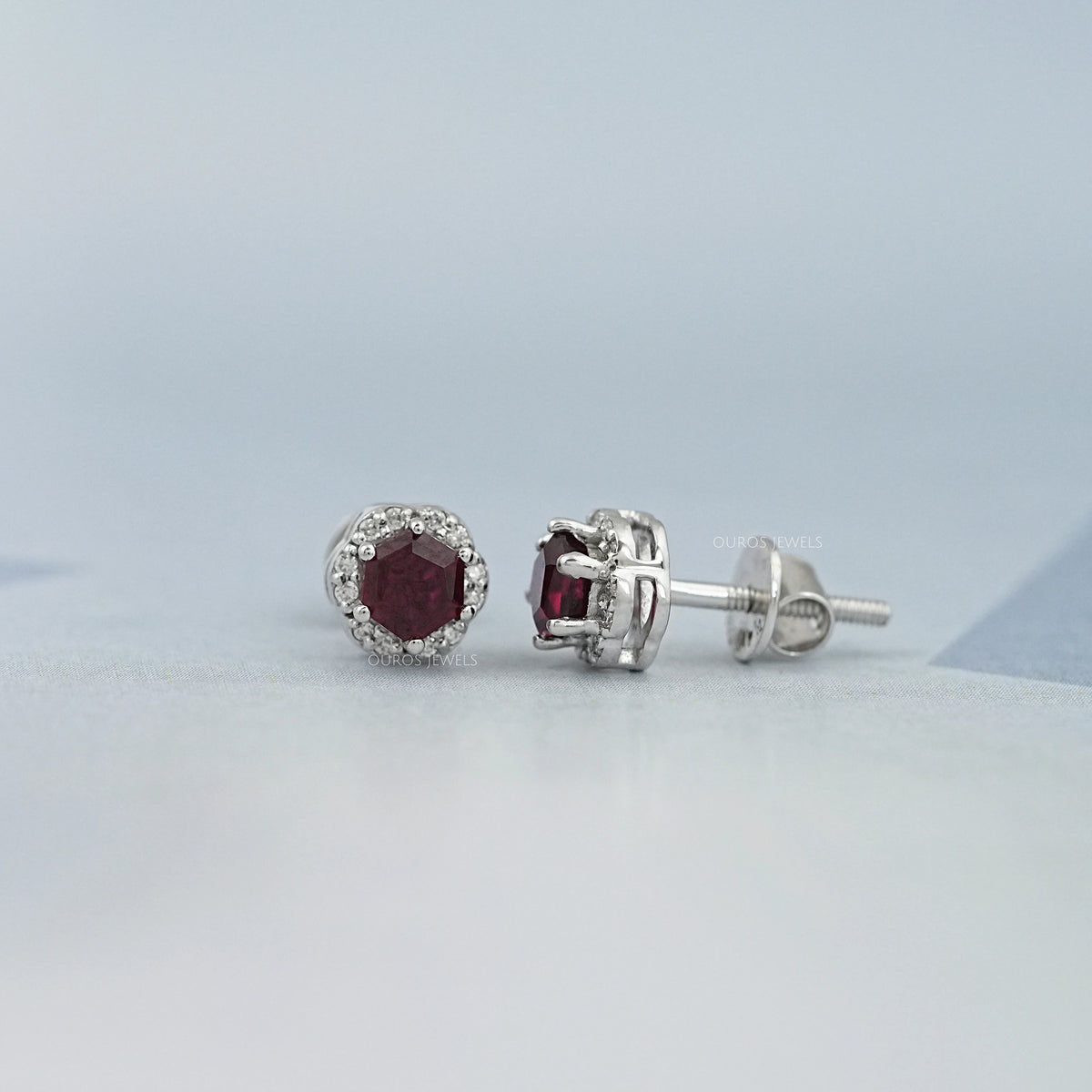 Hexagon Cut Red Ruby Gemstone Halo Stud Earrings Earring