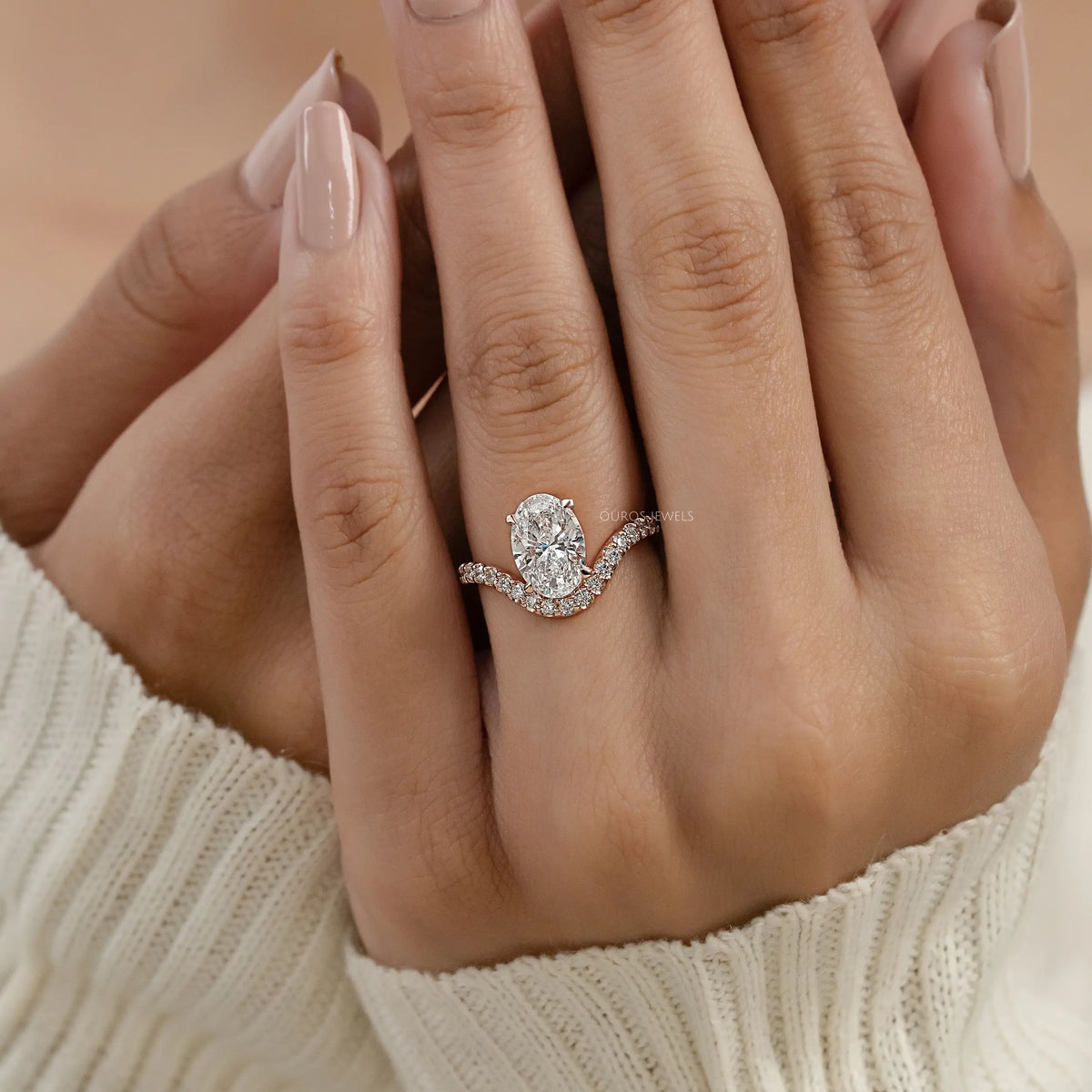 Oval Diamond Pave Set Curved Engagement Ring Ring