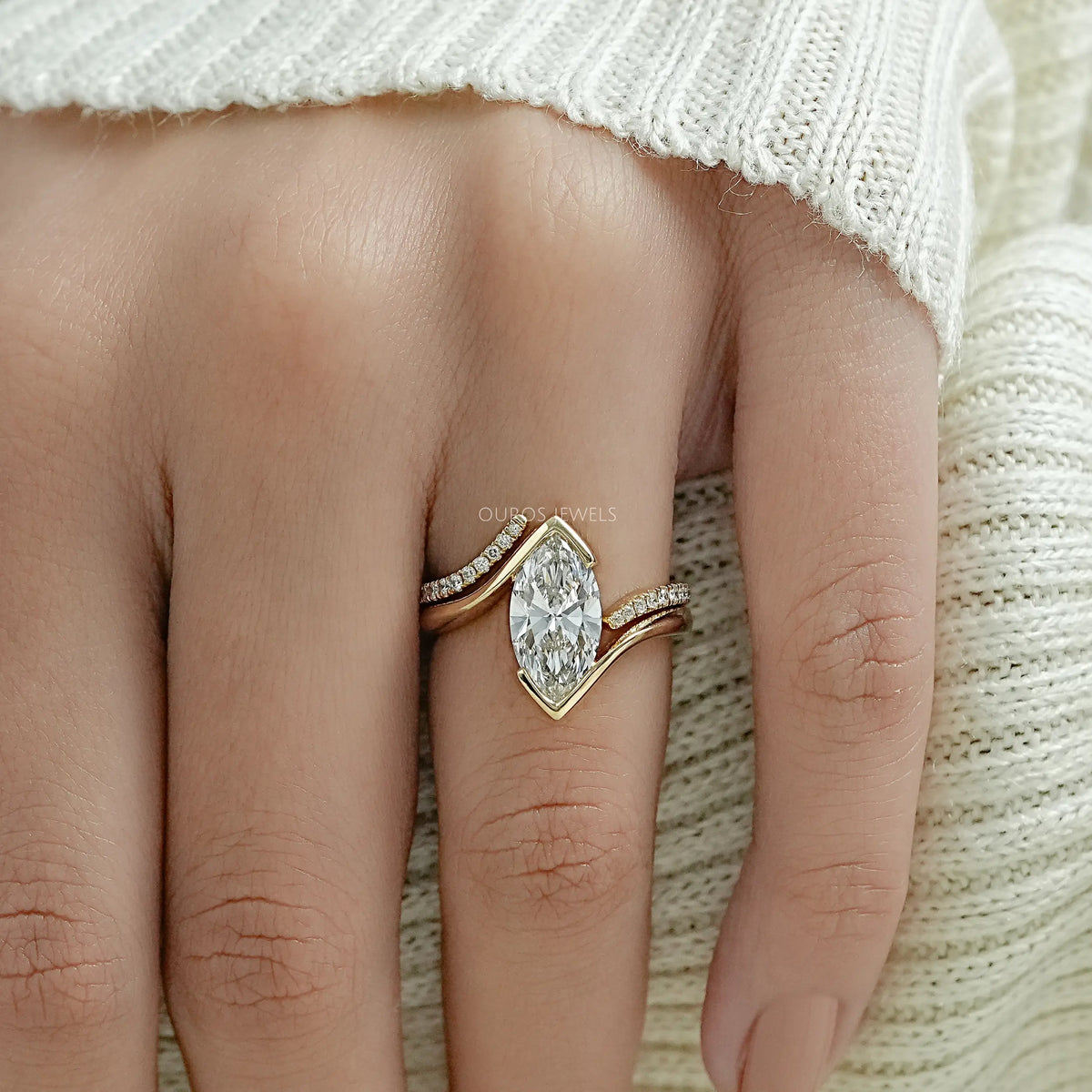 Half Bezel Marquise Lab Diamond Curved Ring Set Rings