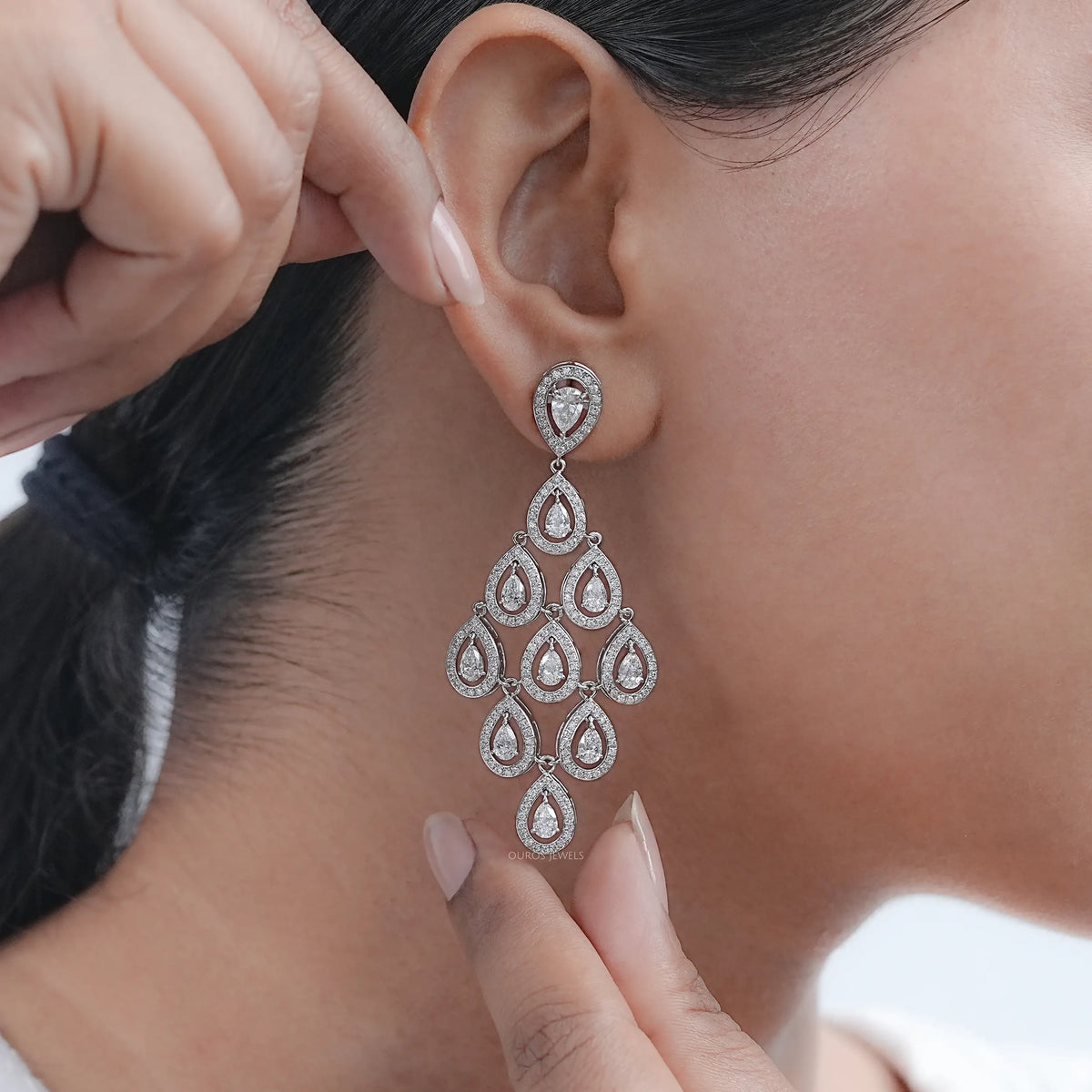 Pear Diamond Halo Set Dangle Chandelier Earrings