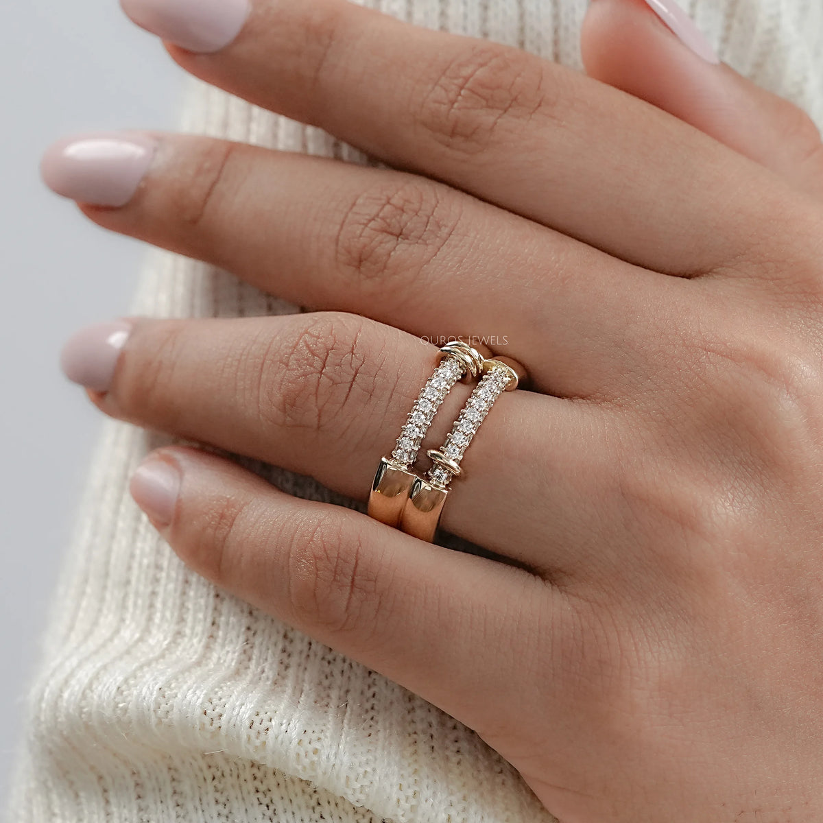Double Row Connecter Round Lab Diamond Wedding Band Rings
