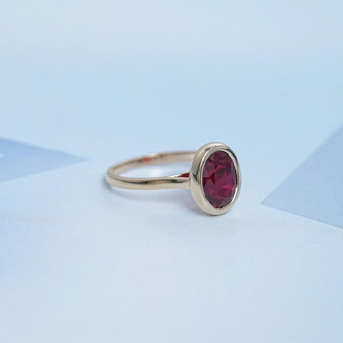 Oval Cut Ruby Lab Gemstone Bezel Set Solitaire Ring Rings