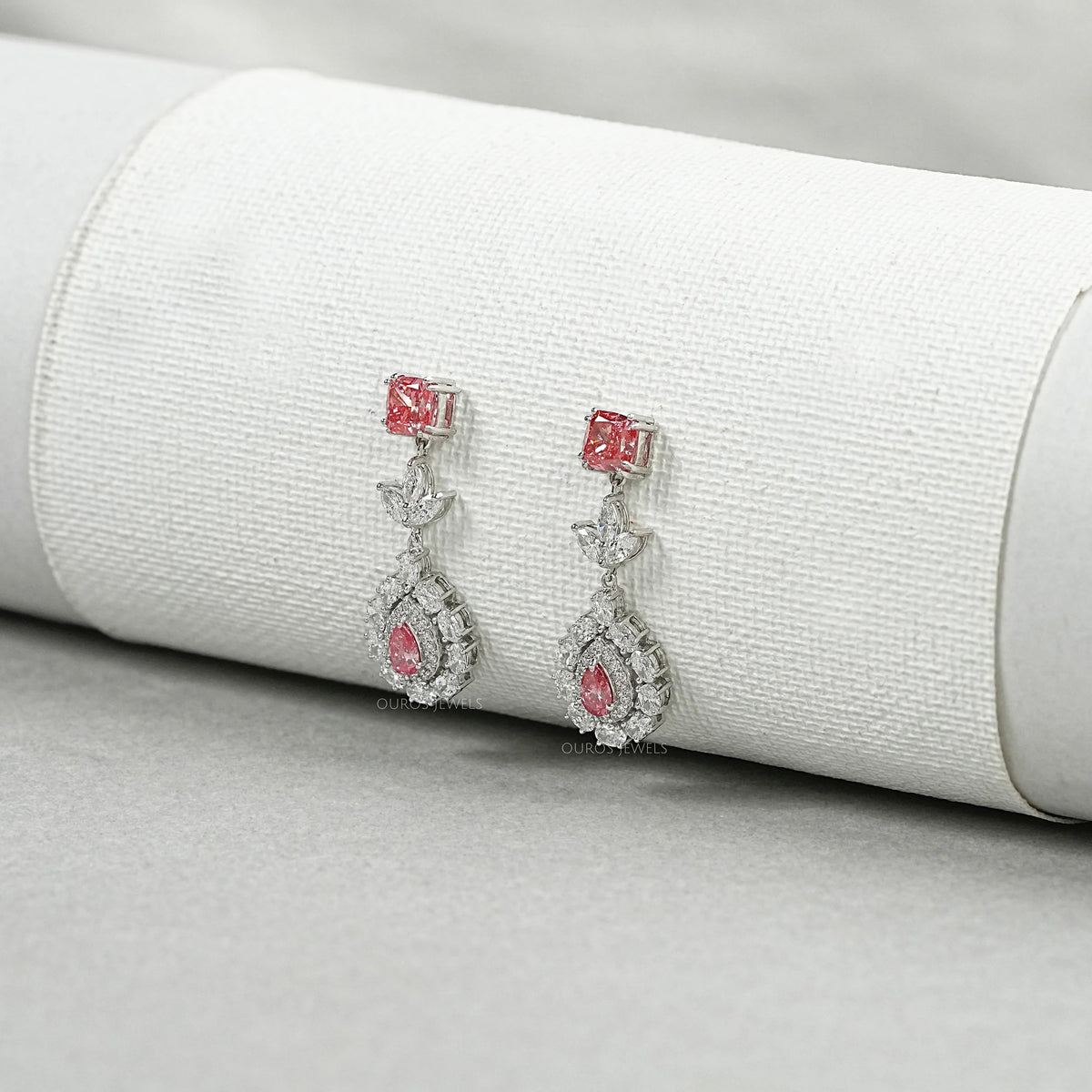 Pink Diamond Double Halo Pear Dangle Earrings Earrings