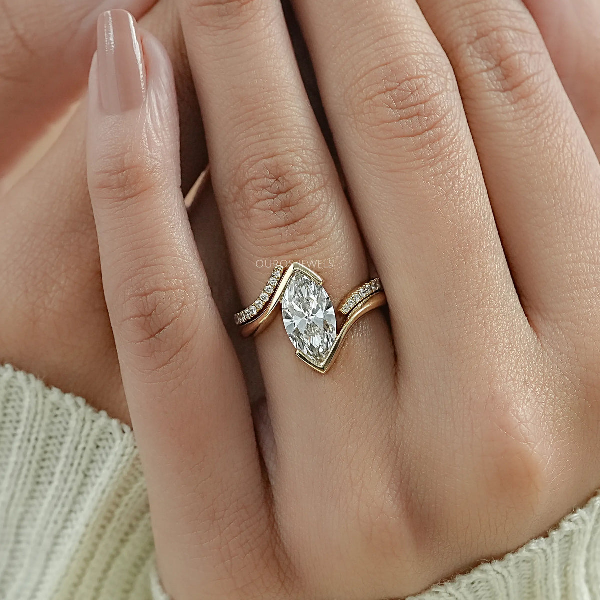 Half Bezel Marquise Lab Diamond Curved Ring Set Rings