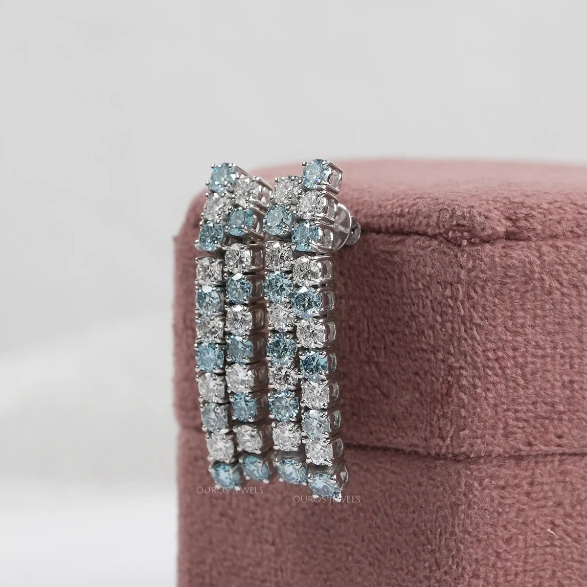 Double Row Blue Round Lab Diamond Earrings Earrings