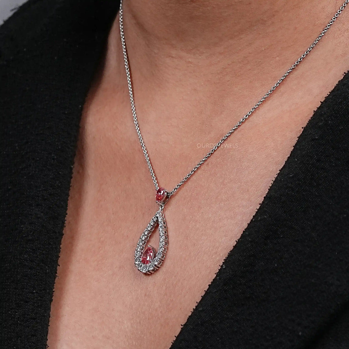 Pink Pear Diamond Open Shape Pendant Necklaces