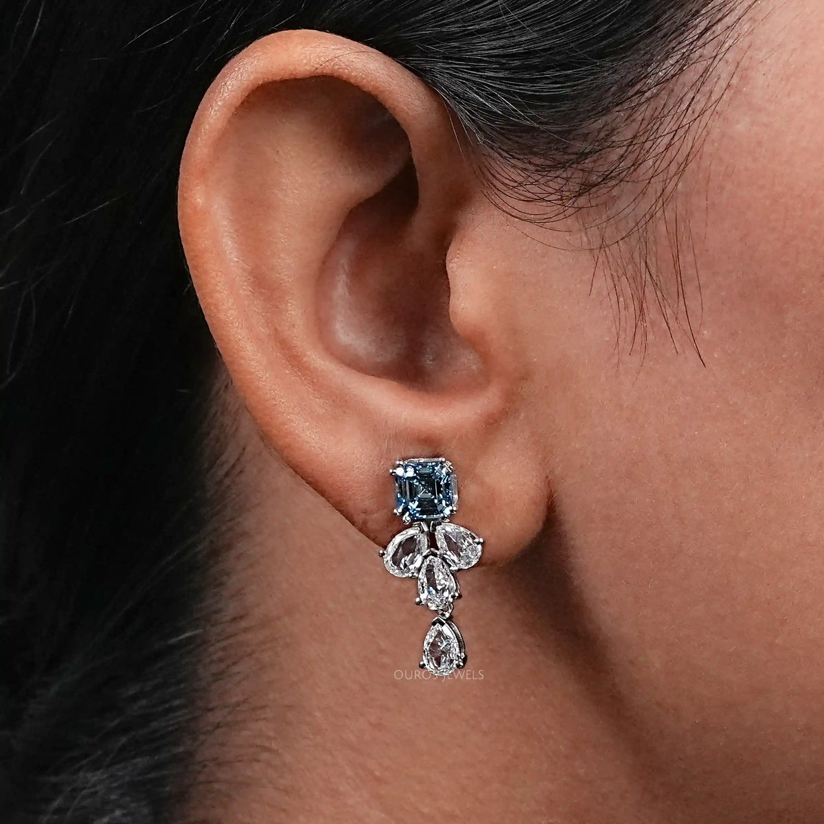 Blue Asscher Lab Diamond Drop Earrings Earrings