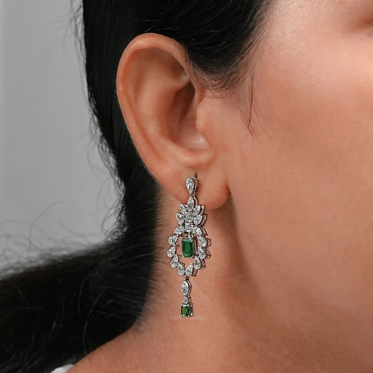 Green Emerald And Lab Diamond Dangle Earrings Earrings