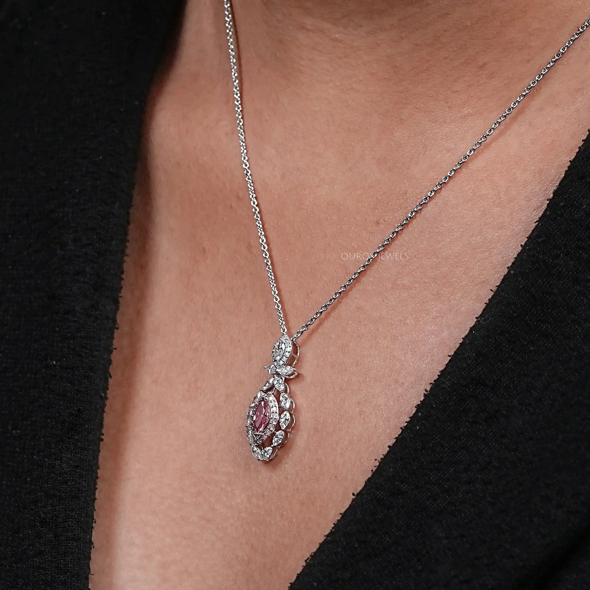 Pink Marquise Lab Diamond Double Halo Pendant Necklaces