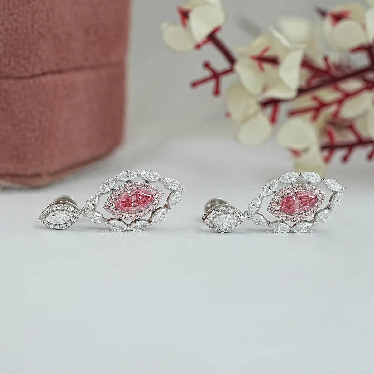 Pink Marquise Lab Diamond Double Halo Earrings Earrings