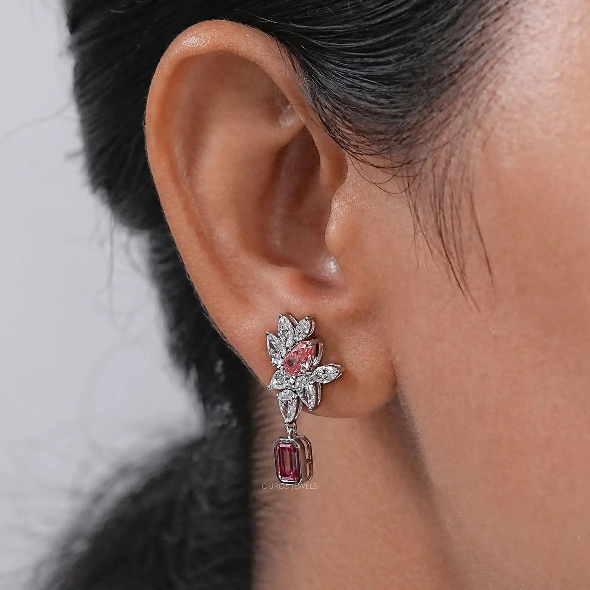 Pink Emerald And Pear Diamond Cluster Drop Earrings Earrings