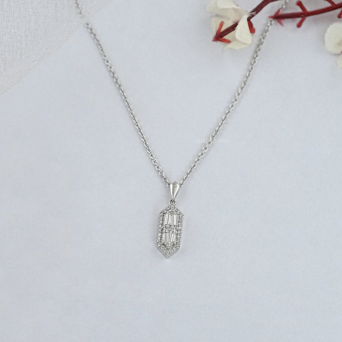 Step Cut Arrow Lab Diamond Halo Pendant Necklaces