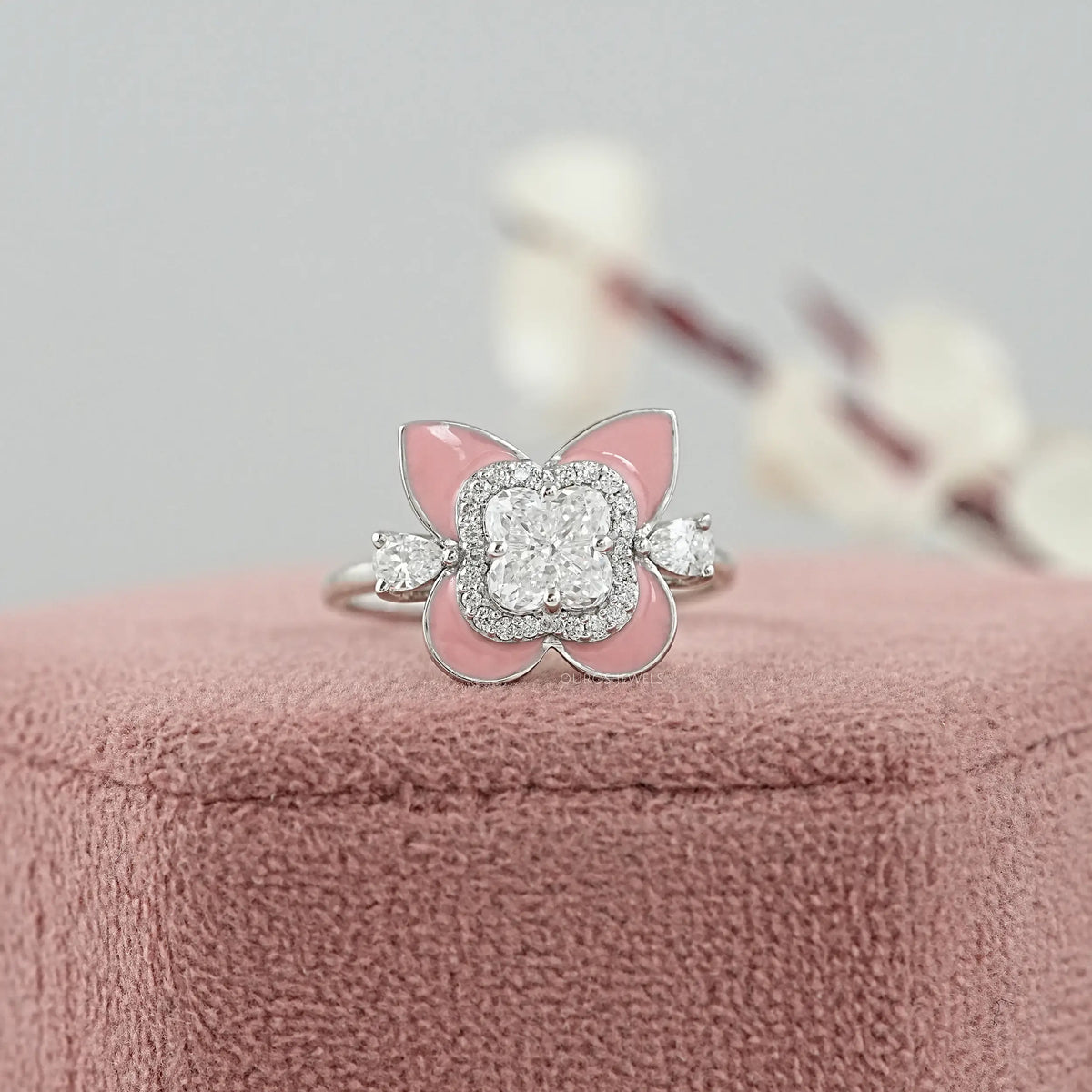 Antique Floral Cut Pink Enamel Engagement Ring Rings
