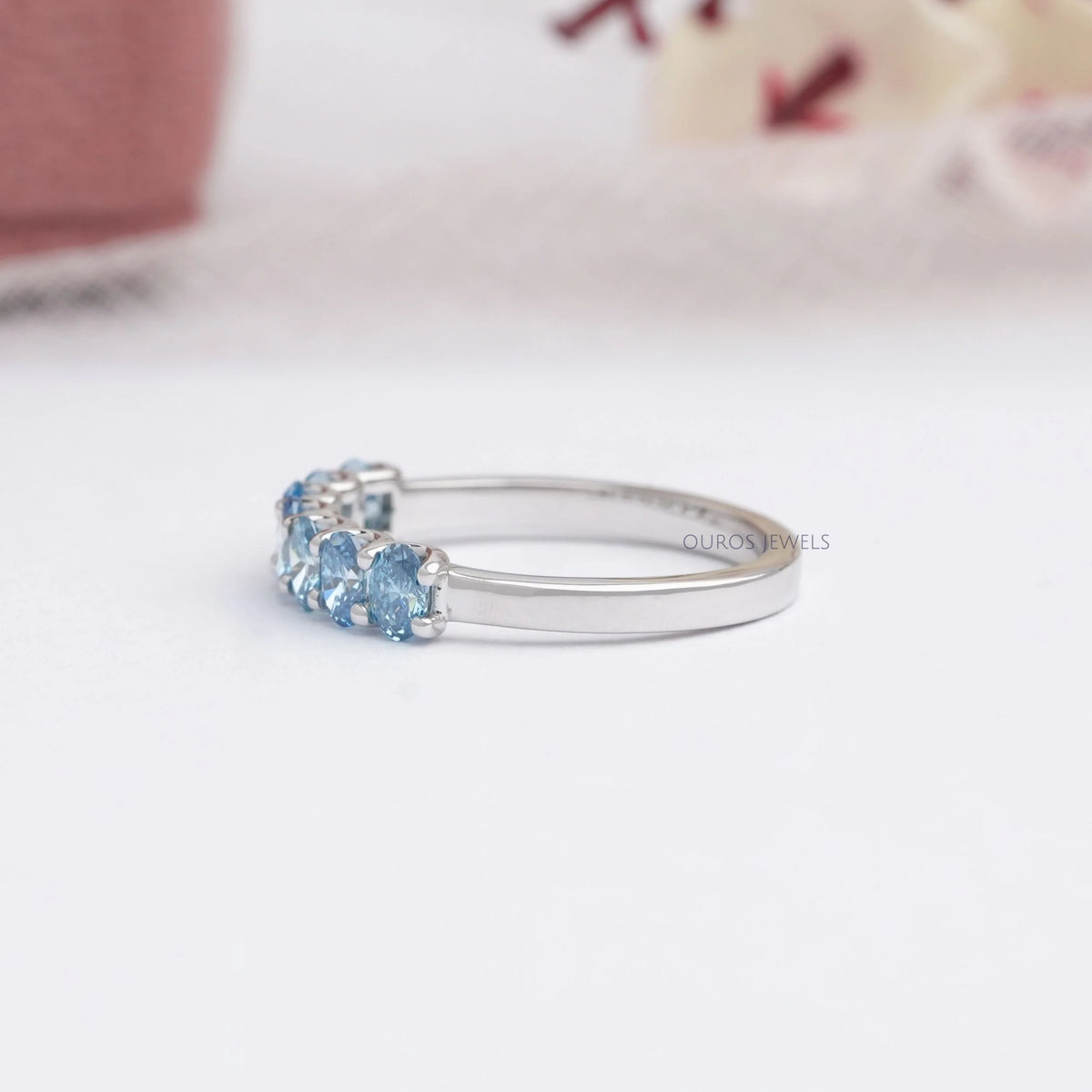 Pink and Blue Oval Seven Diamond Wedding Bands Ring