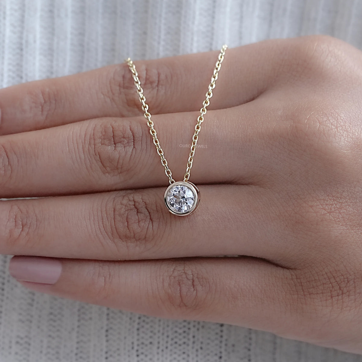Old European Round Lab Diamond Solitaire Bezel Pendant Necklaces