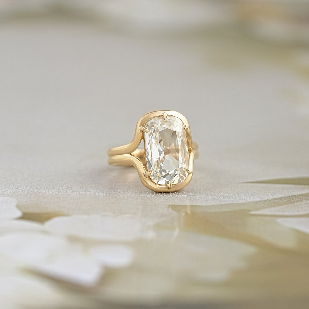 Old Mine Cushion Diamond Half Bezel Set Split Shank Ring Ring