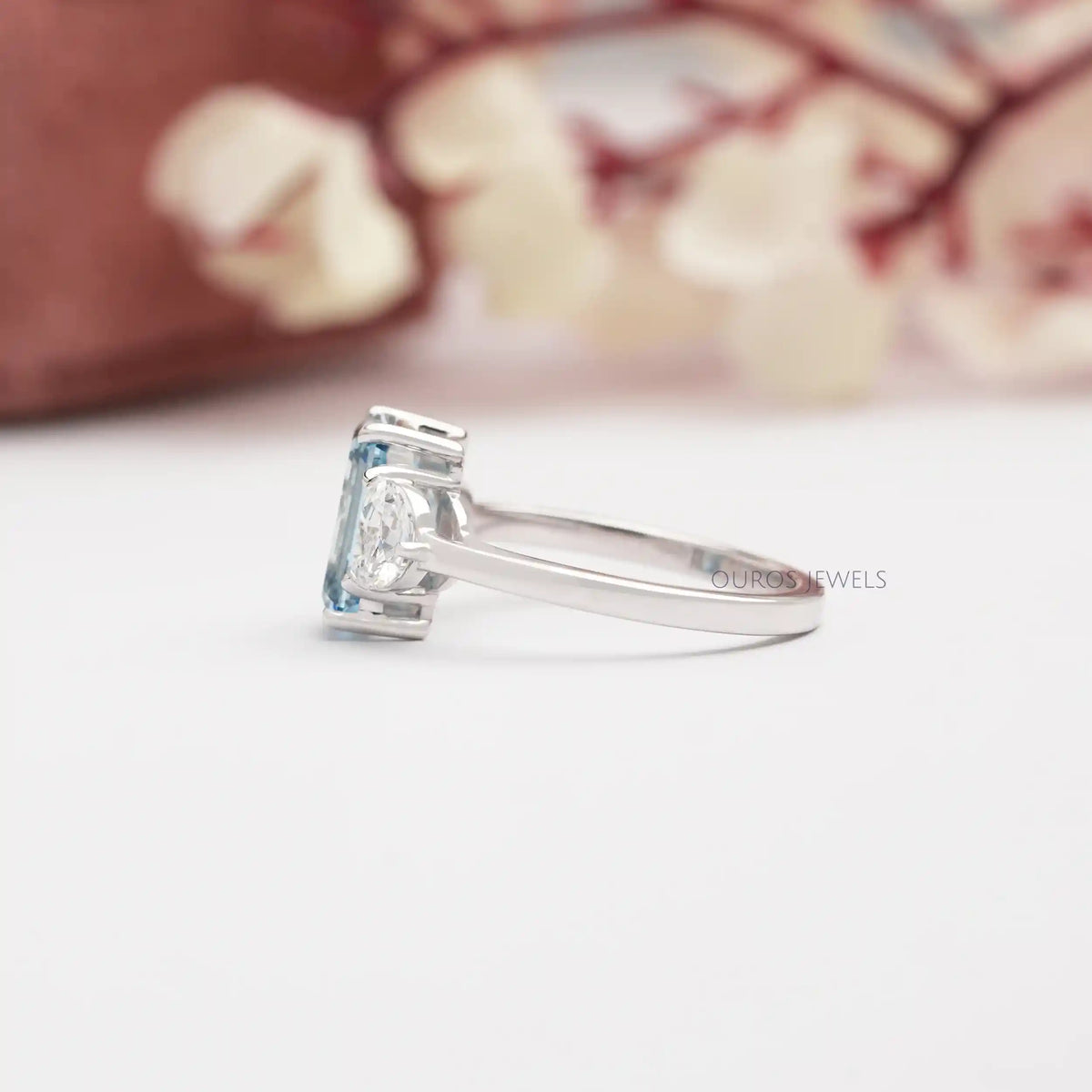 Blue Emerald Three Stone With Half Moon Cut Ring Ring