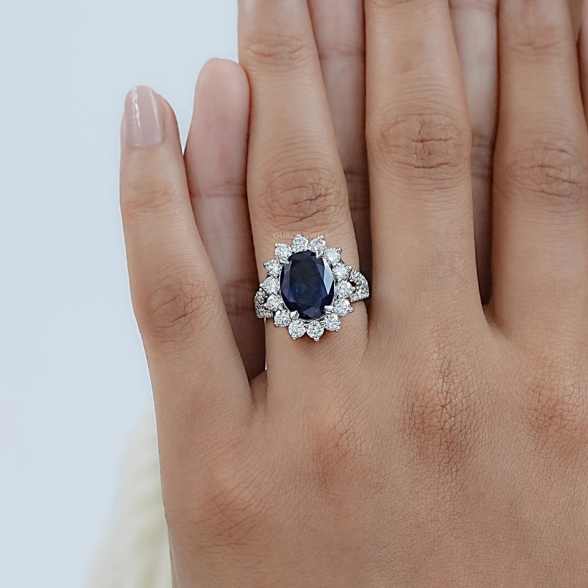 Sapphire Oval Gemstone Halo Split Shank Engagement Ring Rings