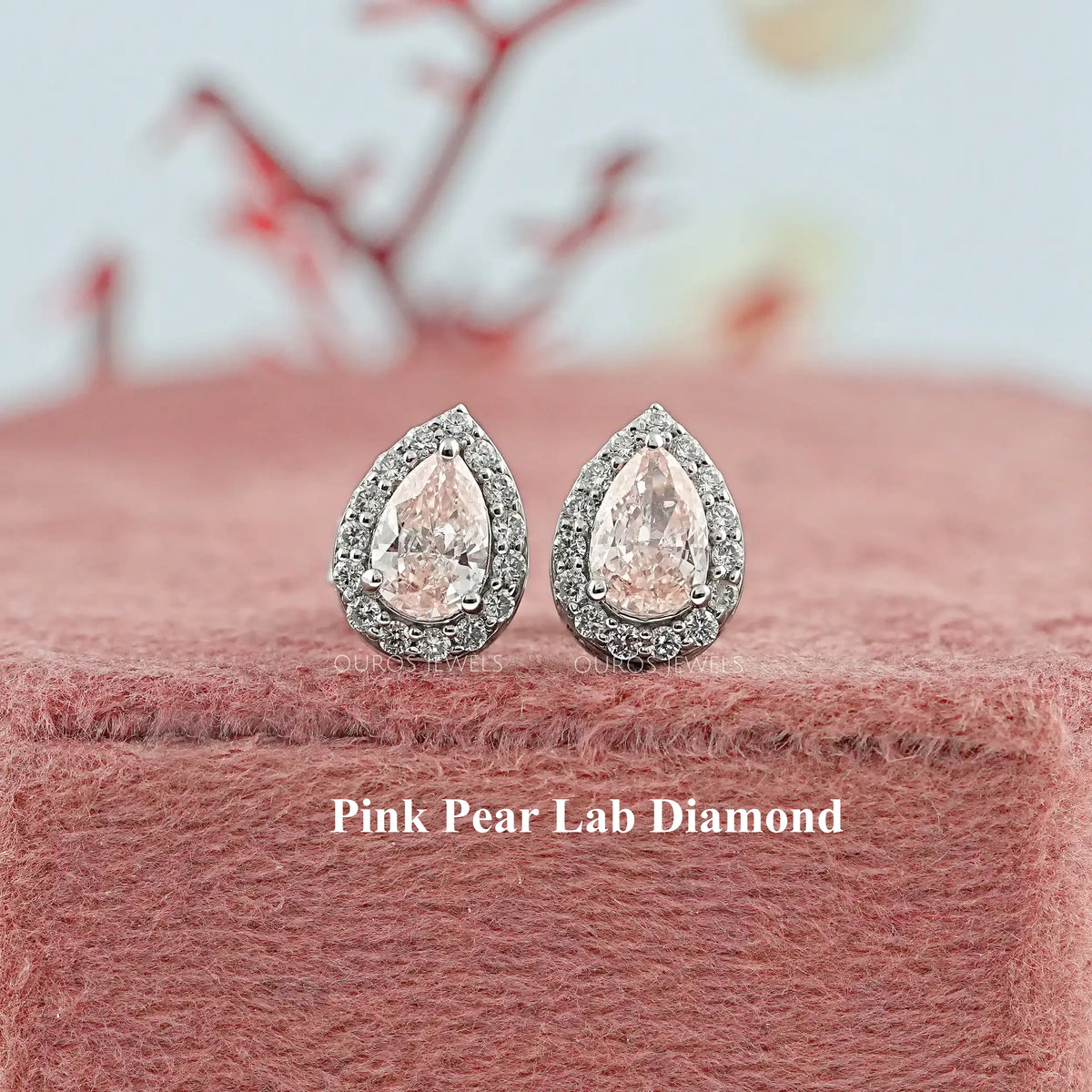 Pear Gemstone And Lab Diamond Halo Stud Earrings Pink Diamond Earrings