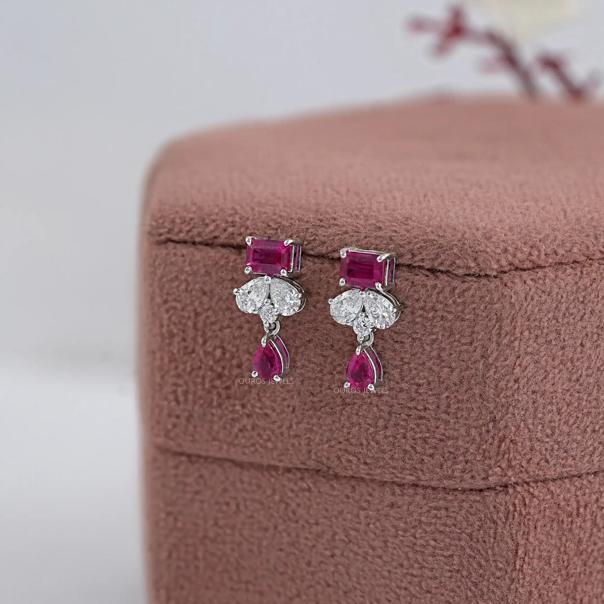 Pink Emerald Gemstone And Pear Diamond Drop Earrings