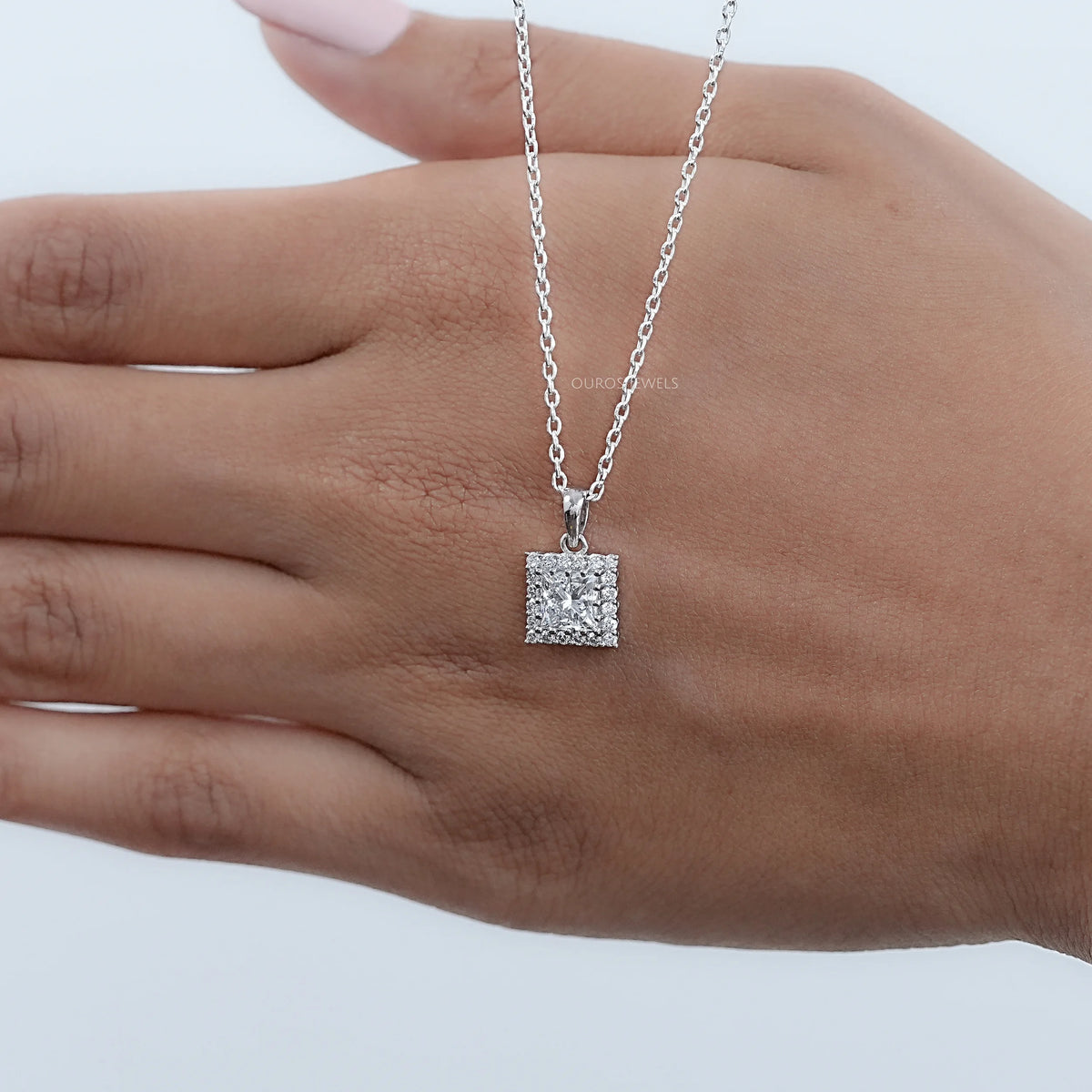 Princess Cut Lab Diamond Halo Pendant Necklaces