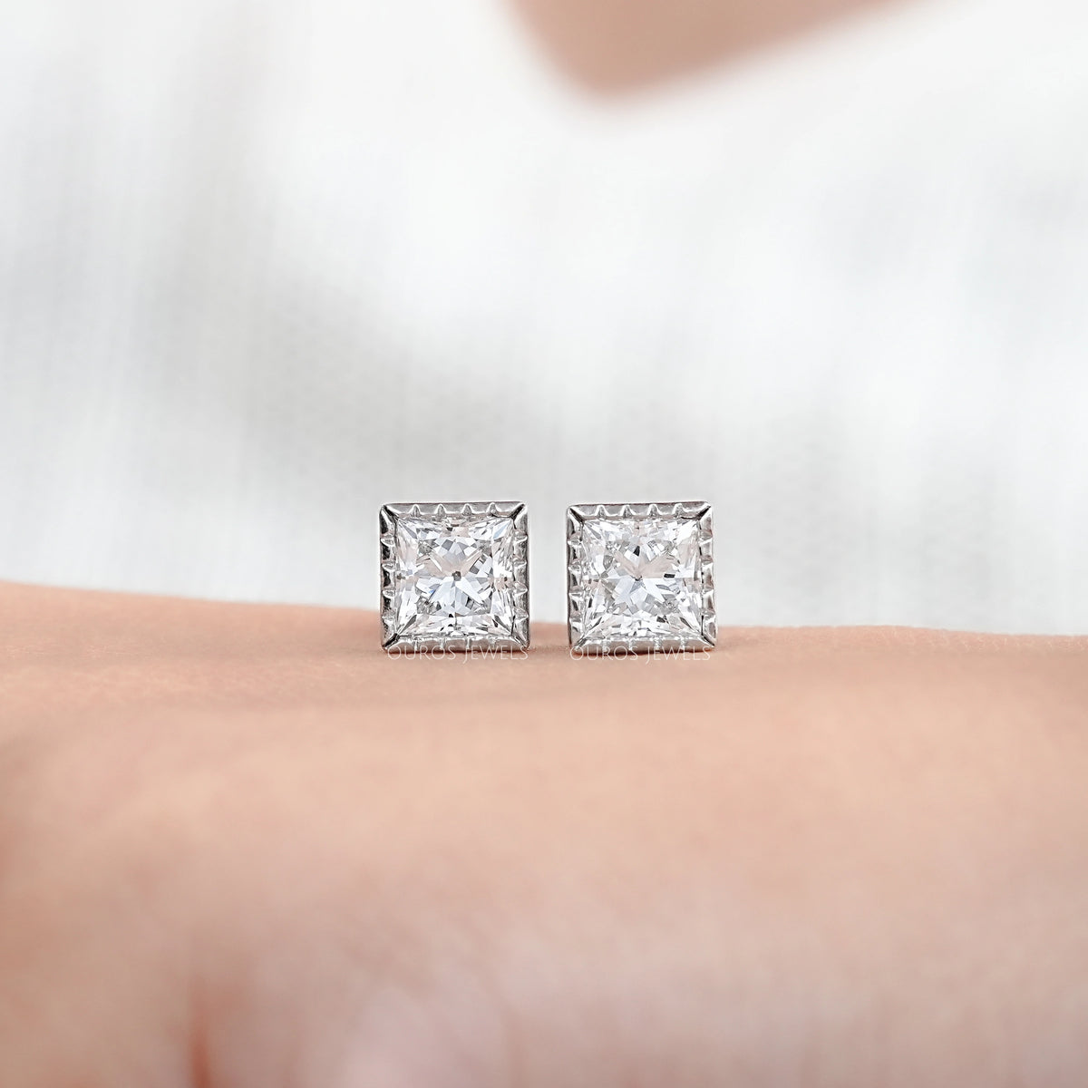 Milgrain Set Princess Lab Grown Diamond Stud Earrings Earrings
